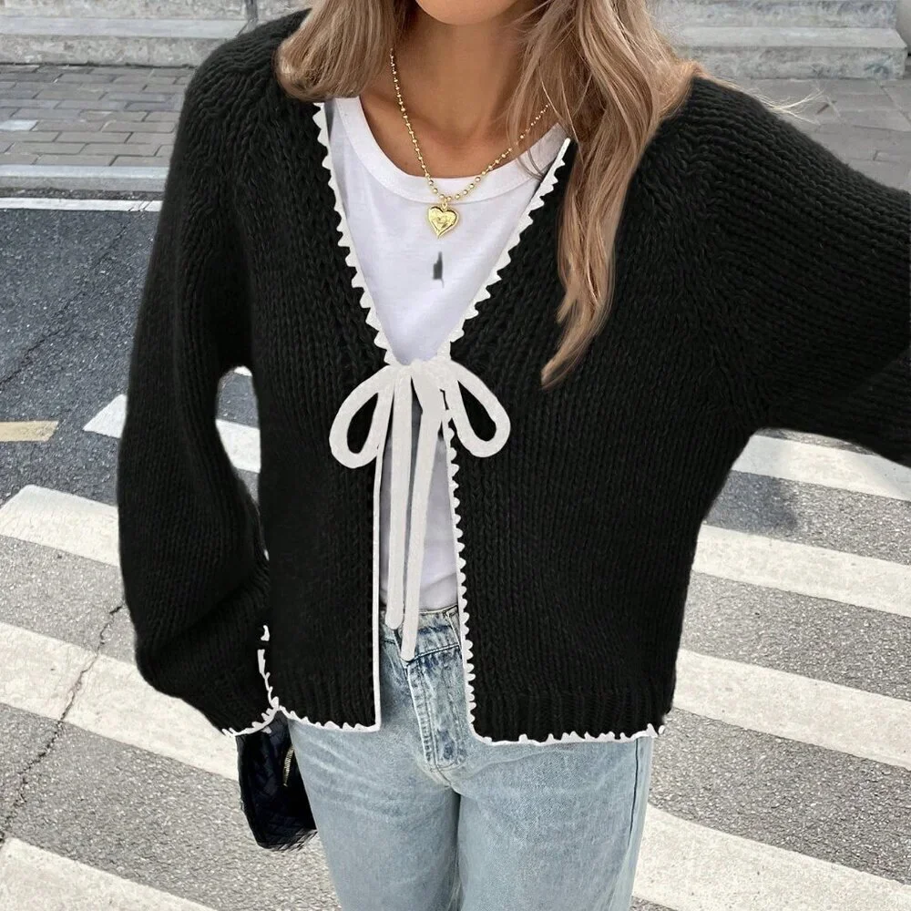 Black Casual Women's Color Block Drawstring Knitted Sweater Cardigan